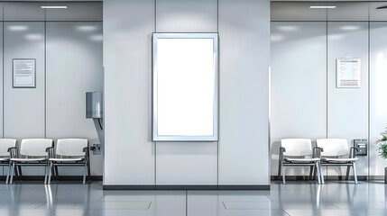 Wall Mural - A mockup of an empty white poster on the wall in modern hospital waiting room with comfortable chairs and medical equipment. empty white blank poster on white wall in hospital, white board