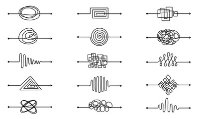Messy arrow lines doodle set. Tangled scribble path, chaos mindset, different ways to solve problem, from simple to complex in sketch style. Hand drawn vector illustration isolated on white background