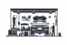 Car Service And Repair. Auto Workshop Interior, Mechanics Men Service Vehicles. Vector Illustration Vector Icon, White Background, Black Colour Icon