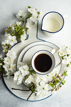 Spring Coffee And Milk Set With Blooming Cherry Branches