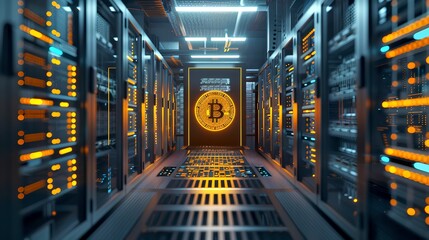 Aufkleber - Futuristic Bitcoin Mining Farm Concept with Servers. Digital Cryptocurrency Concept Illustration. Virtual Currency Mining Center Image. AI