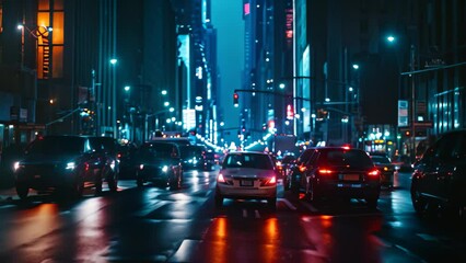 Wall Mural - A bustling city street at night, filled with heavy traffic and bright headlights, Minimalist representation of a bustling city night life