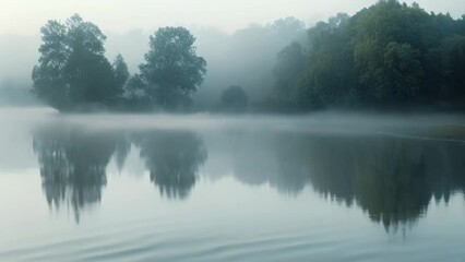 Poster - A foggy morning surrounds a serene lake as trees reach towards the sky, Misty morning over a tranquil, still lake