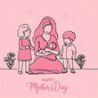 Mother's day pink background with children and woman illustration. Simple vector web banner. One continuous line drawing with lettering happy Mother's day created with generative ai	