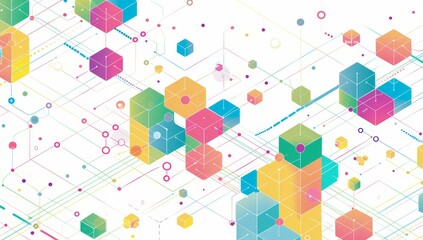 Poster - a simple line drawing of an isometric network with colorful blocks and dots connecting them, on a wh