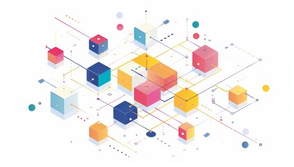 minimalist line art of an isometric network with colorful blocks and dots on a white background Generative AI