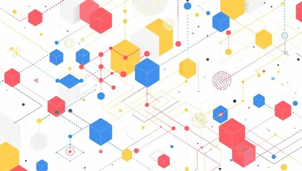 Poster - a simple line drawing of an isometric network with colorful blocks and dots, representing the concep