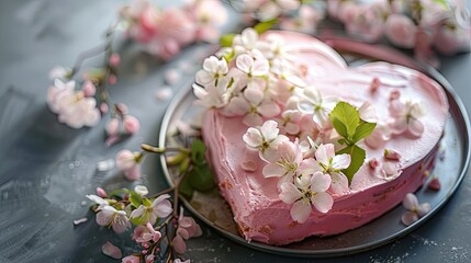 Wall Mural - Heart shaped pink cake adorned with delicate flowers