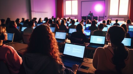 University college audience or lecture room with students as back to school education study and learning during conference presentation and training seminar meeting