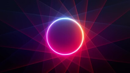 Wall Mural - cycled 3d animation of a spinning glowing neon ring with beams of light and lens flare. Looped live image. Minimalist background in retro disco style