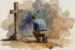 A mourning man kneeling at the cross, digital watercolor.