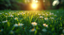Closeup, Nature And Grass With Daisy, Sunshine And Green Growth With Outdoor Blur. Lawn, Meadow And Environment For Summer Season, Vibrant Field And Idyllic Background With Rural Garden Flowers