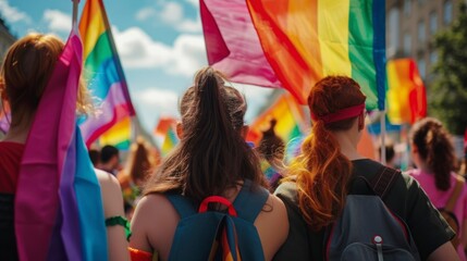 couple of LGBT people in a march with flags of real inclusion day. lgbt march concept, human rights