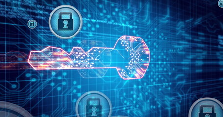 Poster - Digital key symbolizes cybersecurity against blue binary backdrop