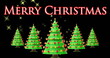 Five Christmas trees decorated with red ornaments and stars standing in row
