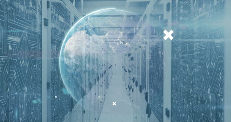 Poster - Digital interfaces and holographic globe floating in server room