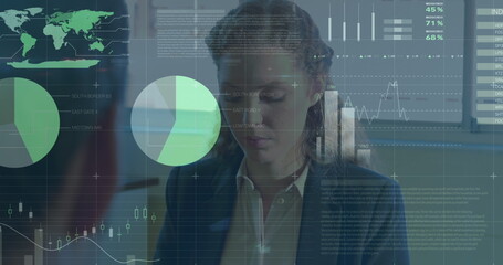 Poster - Caucasian female, looking at transparent futuristic screen with data