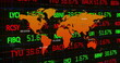 A world map displays various stock market numbers in glowing red and green