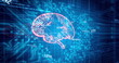 A glowing digital brain floats against blue circuit board background