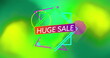 Bright colors and geometric shapes surround bold text announcing huge sale
