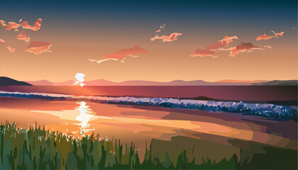 Wall Mural - Beautiful sunset over the river