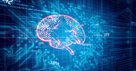 Poster - A glowing digital brain floats against blue circuit board background