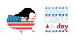A silhouette of eagle overlays map of United States adorned with the American flag