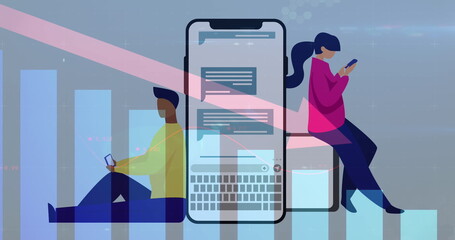 Poster - Man sitting holding phone, woman leaning on oversized phone checking messages