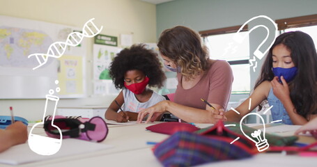 Canvas Print - Diverse students and a middle-aged Caucasian teacher learn in school