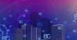 Digital graphics showing skyscrapers with overlay of 6G network symbols