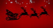 3 reindeer silhouettes pull sleigh with Christmas tree against red background