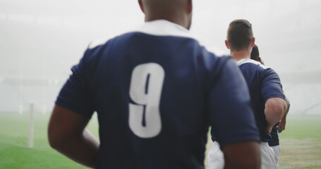 Sticker - Group of friends wearing soccer jerseys standing on foggy field