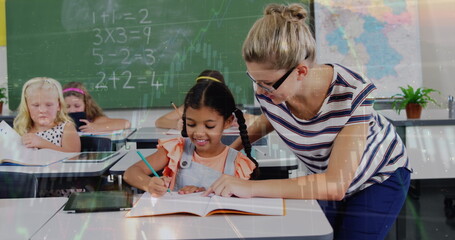 Poster - In school, a Caucasian mentor helping a diverse group of young students