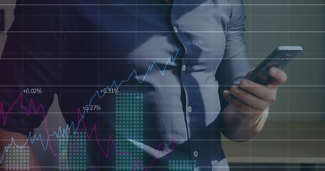 Poster - Middle-aged Caucasian male holding smartphone, analyzing data