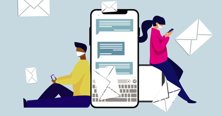 Poster - Man sitting and woman standing are using smartphones next to giant laptop