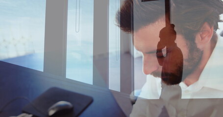 Poster - Caucasian male friend working on laptop, wearing white shirt