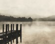 AI generated illustration of a wooden dock on a misty lake