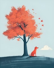 Sticker - AI generated illustration of a red fox under an orange tree gazing at a blue sky