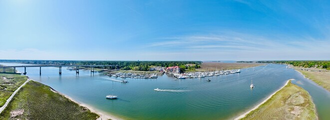 Canvas Print - Panoramic shot of the harbor with moored boats. Freeport Marina, Hilton Head, South Carolina