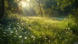 Morning rays of sun filter through the trees, illuminating a lush meadow filled with blooming wildflowers, creating a tranquil and inviting natural scene - Generative AI
