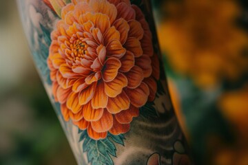 Canvas Print - Woman adorned with tattoos of orange flowers and butterflies on her forearm, AI-generated.