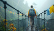 Hiker Man crosses misty suspension bridge, immersing in nature's tranquility and mystique.  solitary journey amidst foggy mountains beckons exploration and self-discovery Active people concept