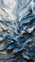 Poster - Mesmerizing dance of colors, textures unfolds, where swirling patterns of blue, white, gray paint create dynamic, fluid scene. Rich hues of blue dominate canvas, their varying shades intertwining.