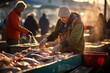 Early Morning at the Bustling Fish Market with Freshly Caught Fish Displayed on Ice Under the Warm Sunlight