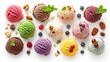 Set of ice cream scoops of different colors and flavours with berries, nuts and fruits decoration on white background 