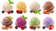 Set of ice cream scoops of different colors and flavours with berries, nuts and fruits decoration on white background 