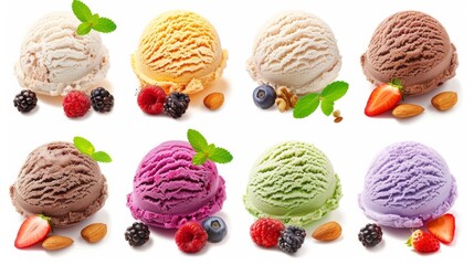 Wall Mural - Set of ice cream scoops of different colors and flavours with berries, nuts and fruits decoration on white background 