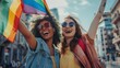 couples of women supporting an LGBT march in the street with flags with LGBT colors in high resolution and high quality. LGBT concept,WOMEN,couples