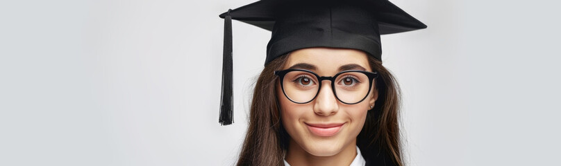 Wall Mural - A female graduate wearing a black mortarboard and glasses beams with pride, representing academic achievement