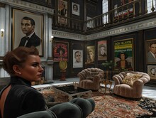 A Woman Is Sitting In A Room With A Lot Of Pictures On The Wall. The Room Has A Vintage Feel To It, With A Couch And A Chair